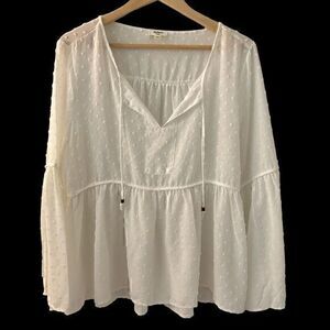 Dylan White Flowy Boho Sheer Peasant Polyester Tie Blouse‎ Size L